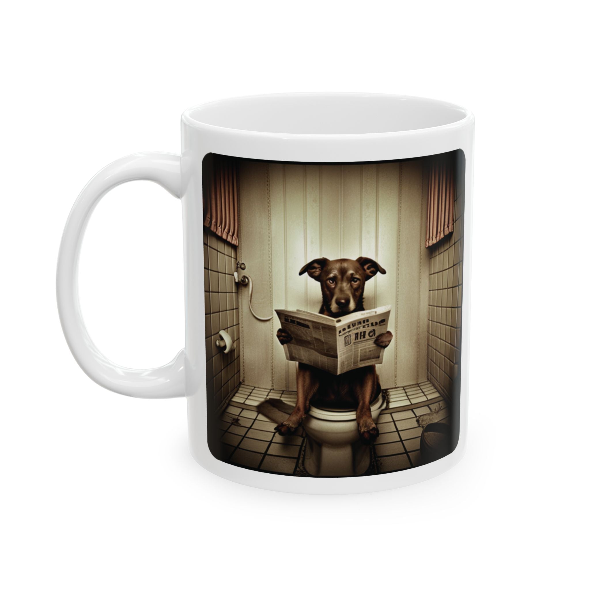 Funny Dog Sitting on Toilet Reading Newspaper Mug Gift Animal Coffee Mug 11oz