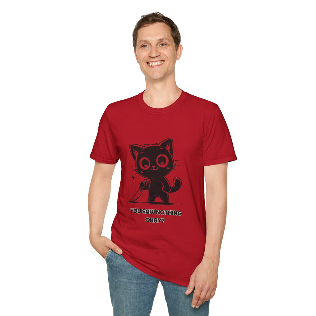 Women's and Men's Funny Cat T-shirt you saw nothing cat with bloody knife Halloween tee Soft Unisex Tshirt Gift for Her