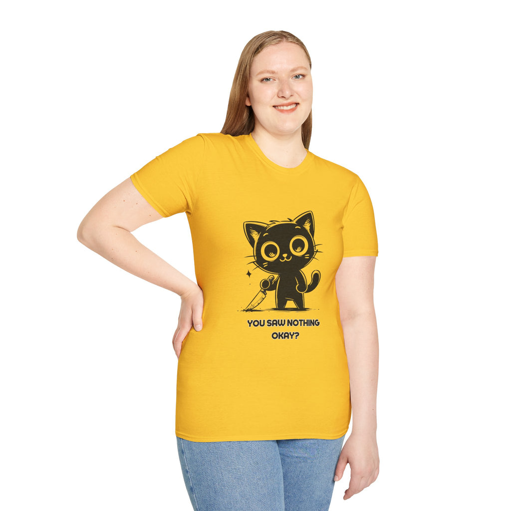 Women's and Men's Funny Cat T-shirt you saw nothing cat with bloody knife Halloween tee Soft Unisex Tshirt Gift for Her