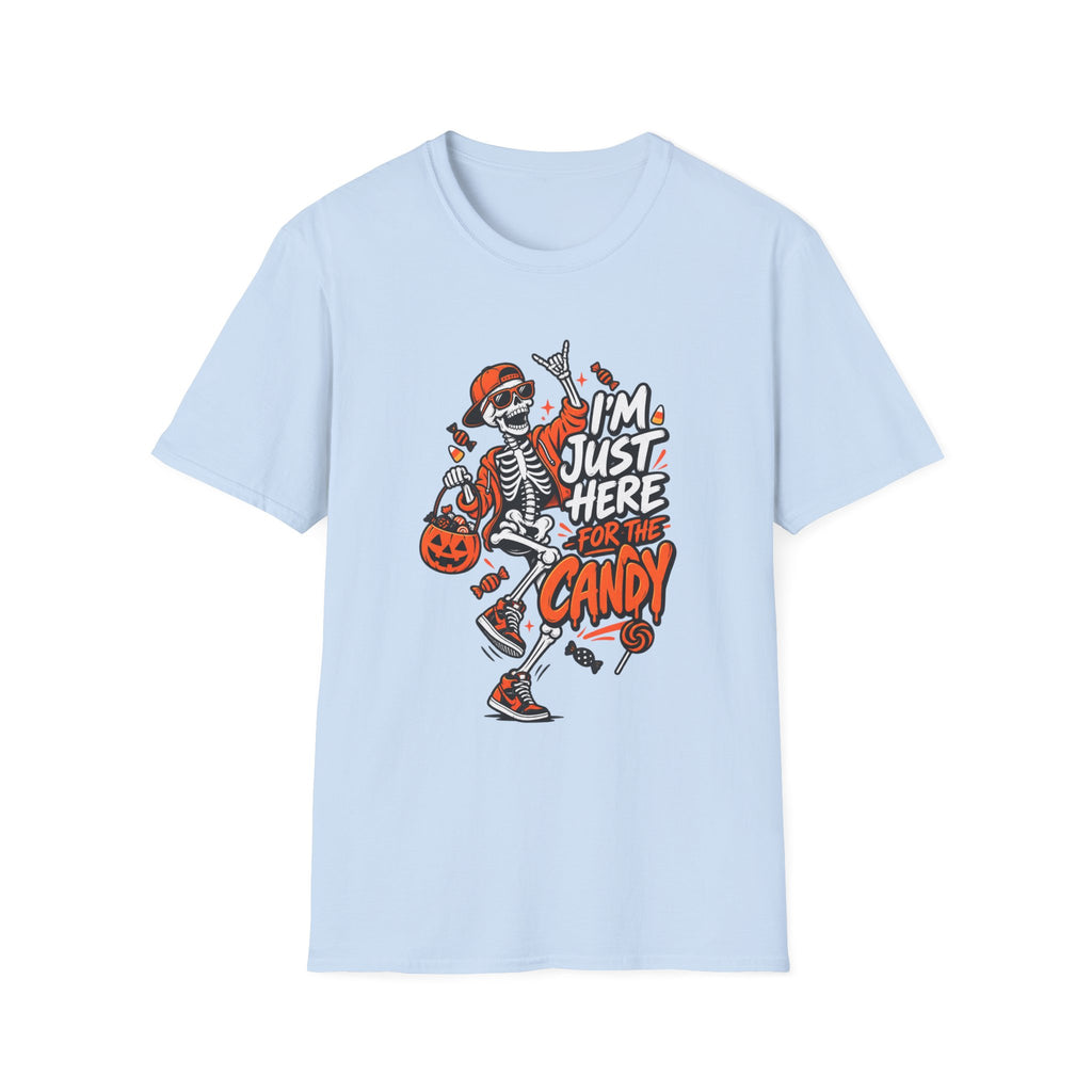 I'm Just Here for the Candy Shirt | Funny Dancing Skeleton Halloween Tee | Dark Humor Graphic T-Shirt