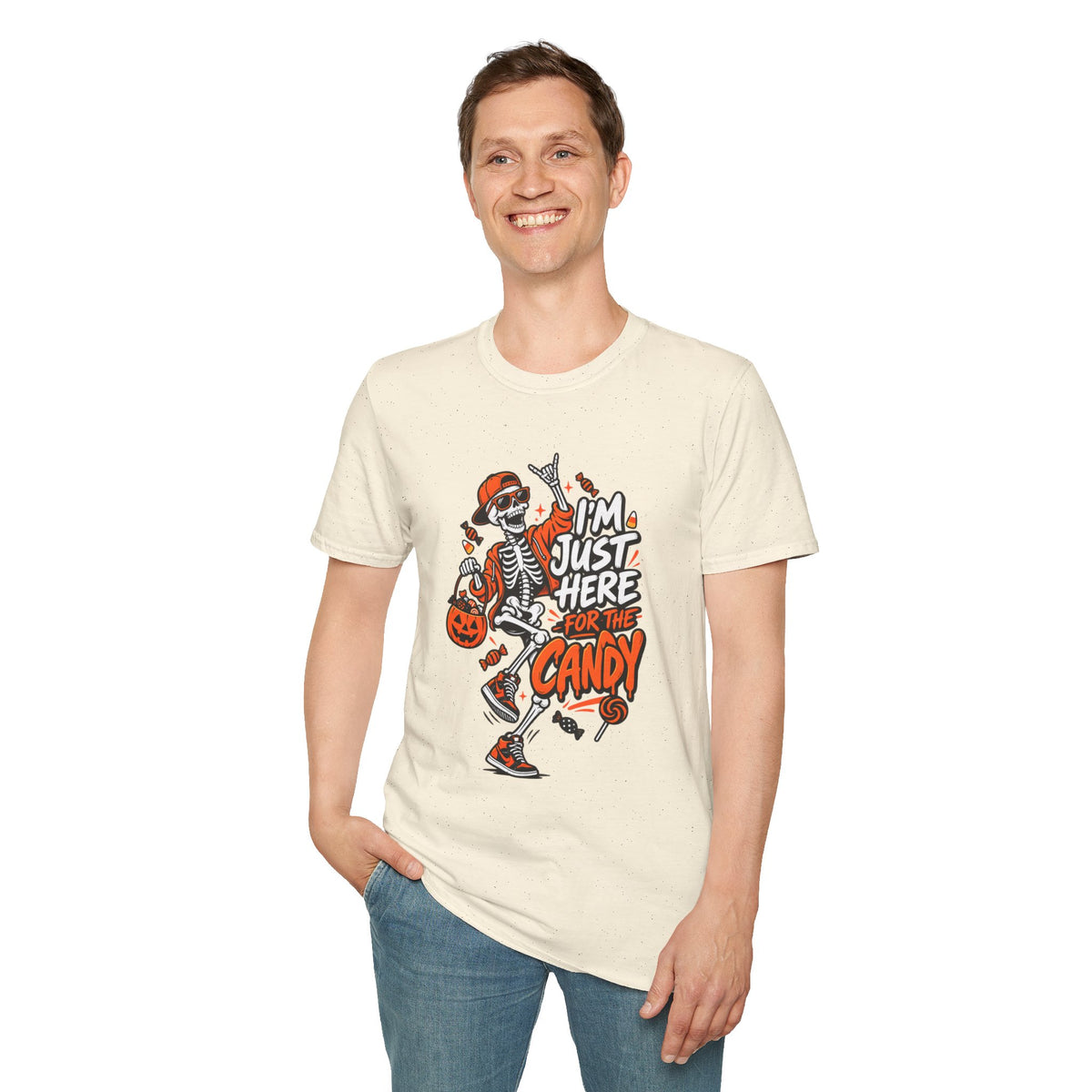 I'm Just Here for the Candy Shirt | Funny Dancing Skeleton Halloween Tee | Dark Humor Graphic T-Shirt