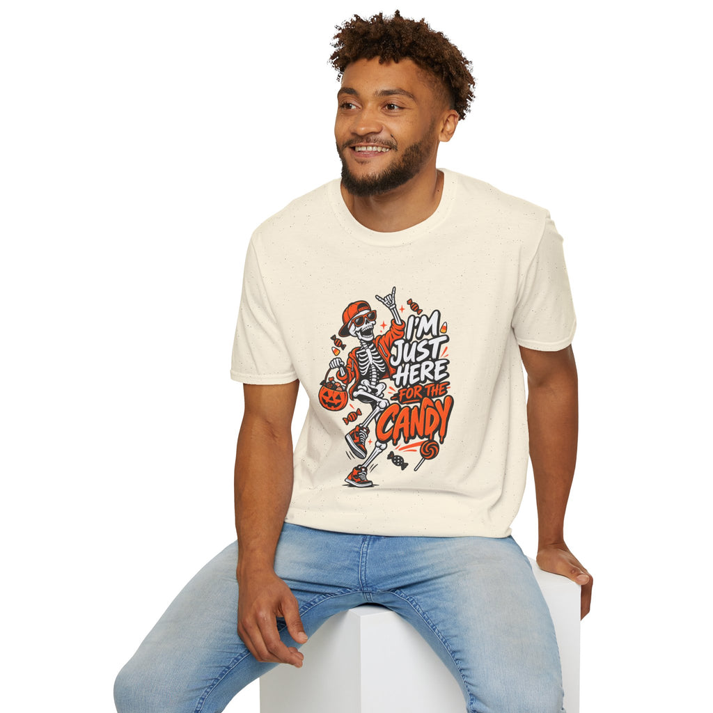 I'm Just Here for the Candy Shirt | Funny Dancing Skeleton Halloween Tee | Dark Humor Graphic T-Shirt