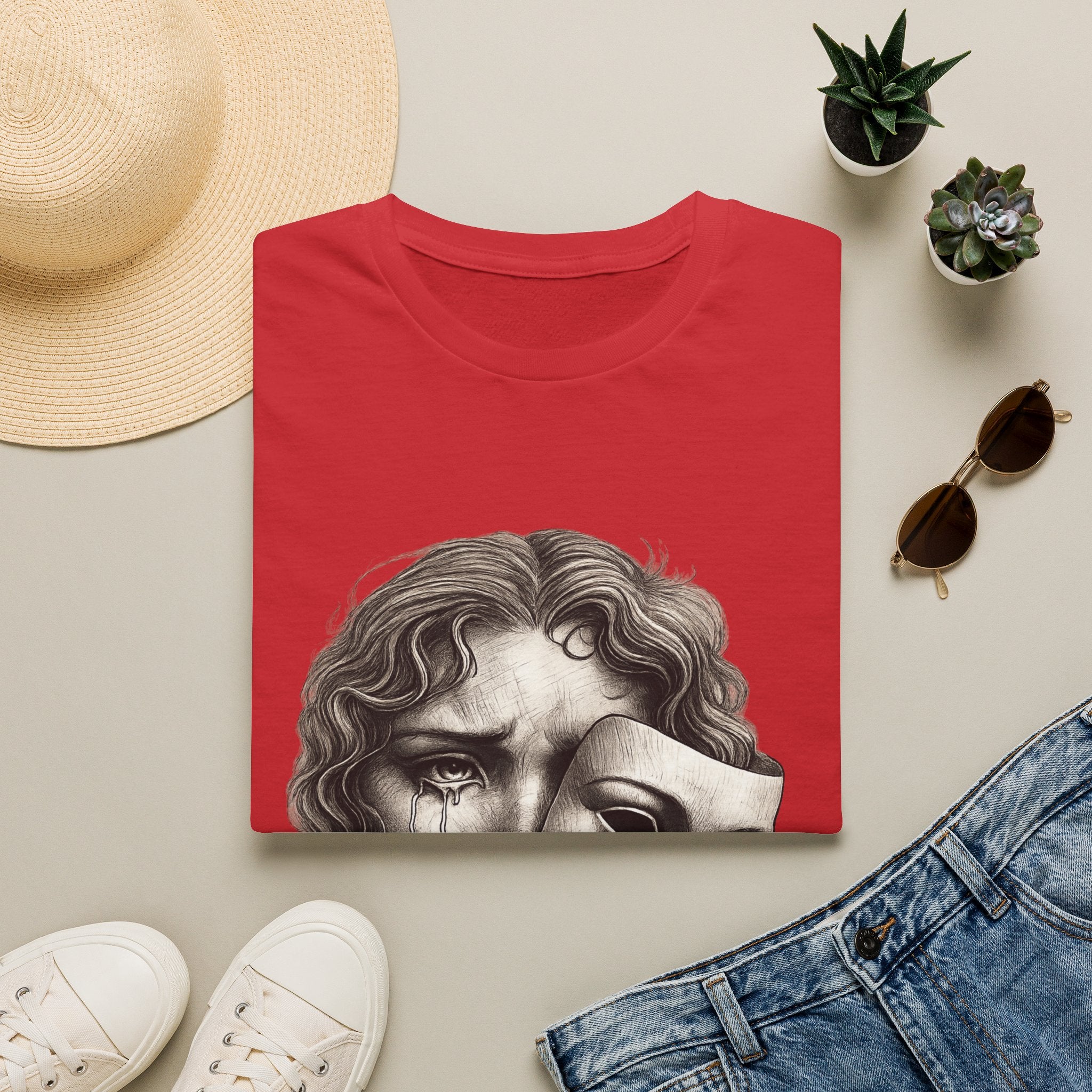 Crying Woman Mask Art T-Shirt | Hidden Emotions Sketch Graphic Tee Unisex Unisex Softstyle T-Shirt