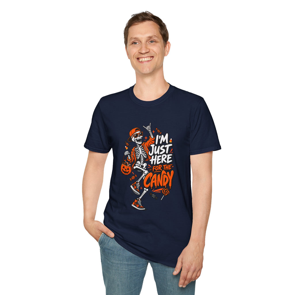 I'm Just Here for the Candy Shirt | Funny Dancing Skeleton Halloween Tee | Dark Humor Graphic T-Shirt