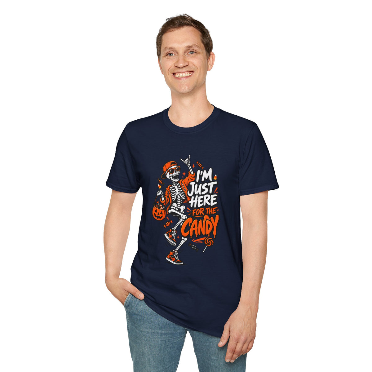 I'm Just Here for the Candy Shirt | Funny Dancing Skeleton Halloween Tee | Dark Humor Graphic T-Shirt