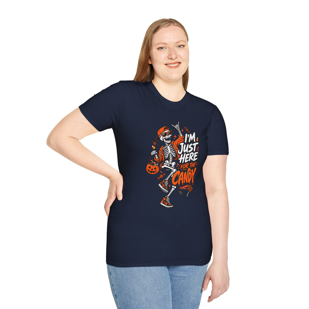 I'm Just Here for the Candy Shirt | Funny Dancing Skeleton Halloween Tee | Dark Humor Graphic T-Shirt