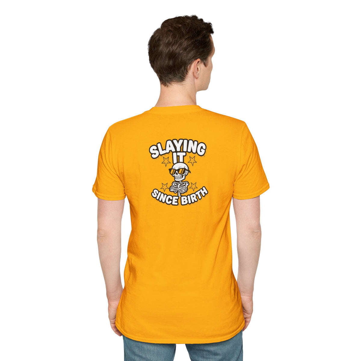 Dark Humor Halloween Shirt Slaying It Since Birth Funny Skeleton Sarcastic Unisex Softstyle Tee Adult Halloween Gift
