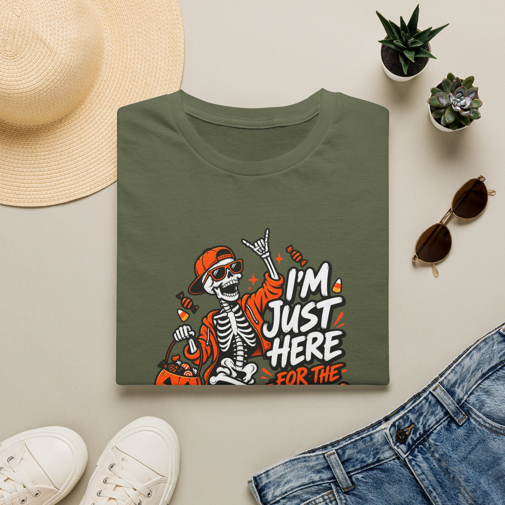 I'm Just Here for the Candy Shirt | Funny Dancing Skeleton Halloween Tee | Dark Humor Graphic T-Shirt