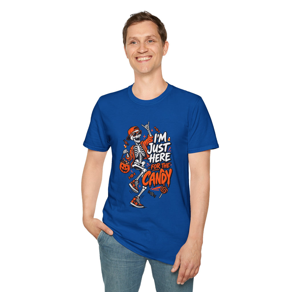 I'm Just Here for the Candy Shirt | Funny Dancing Skeleton Halloween Tee | Dark Humor Graphic T-Shirt