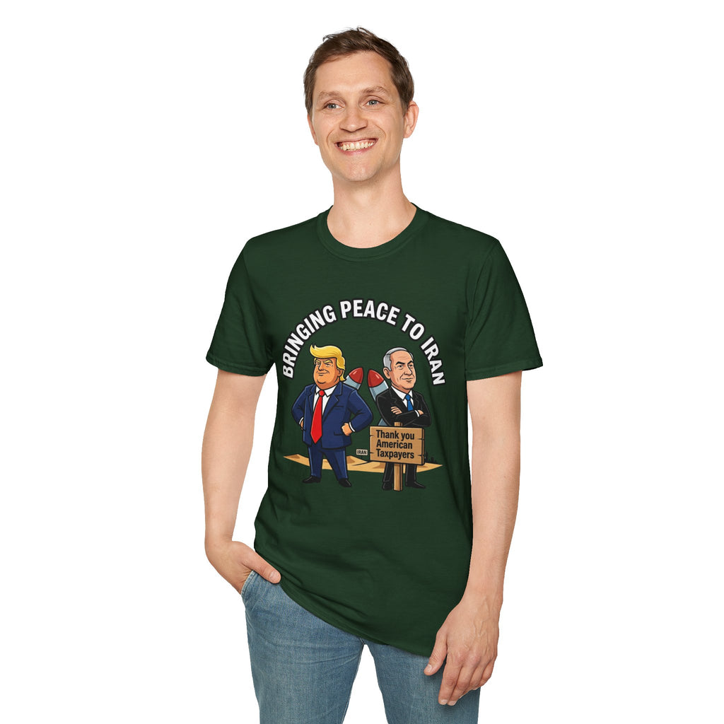 Trump T-Shirt Benjamin Netanyahu Iran War Satiric Mens Unisex Softstyle T-Shirt