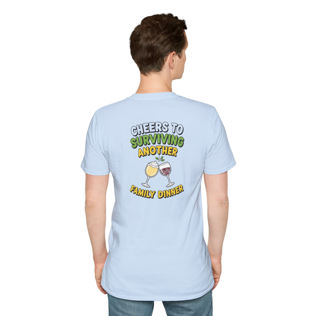 Dark Humor Christmas Shirt Cheers To Surviving Another Family Dinner Funny Sarcastic Unisex Softstyle Tee Adult Christmas Gift