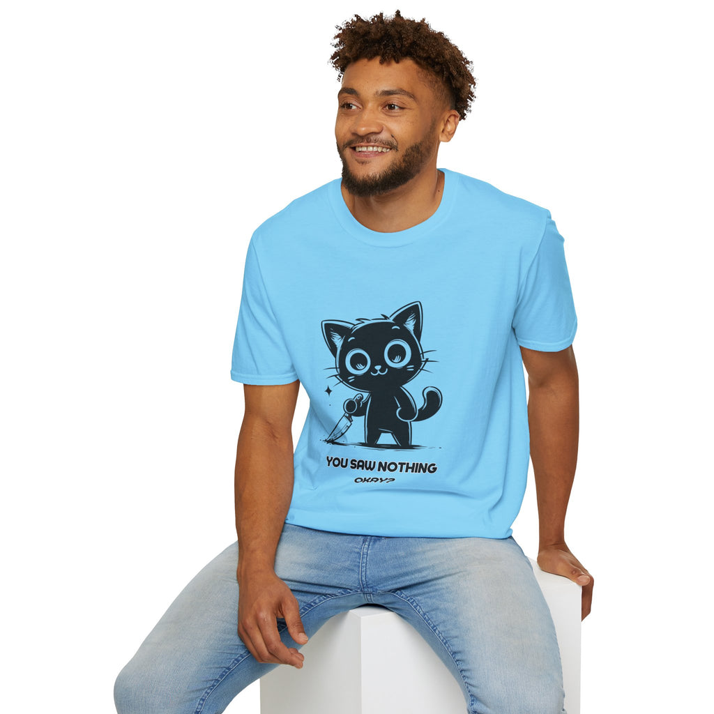 Women's and Men's Funny Cat T-shirt you saw nothing cat with bloody knife Halloween tee Soft Unisex Tshirt Gift for Her