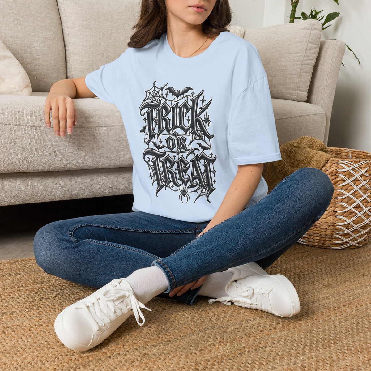 Funny Trick or Treat Gothic Blackletter Shirt | Edgy Spider Web Typography Tee | Minimalist Halloween T-Shirt