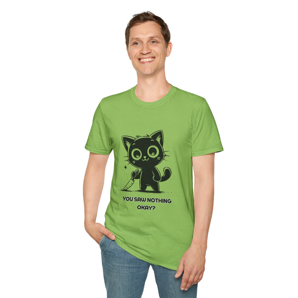 Women's and Men's Funny Cat T-shirt you saw nothing cat with bloody knife Halloween tee Soft Unisex Tshirt Gift for Her