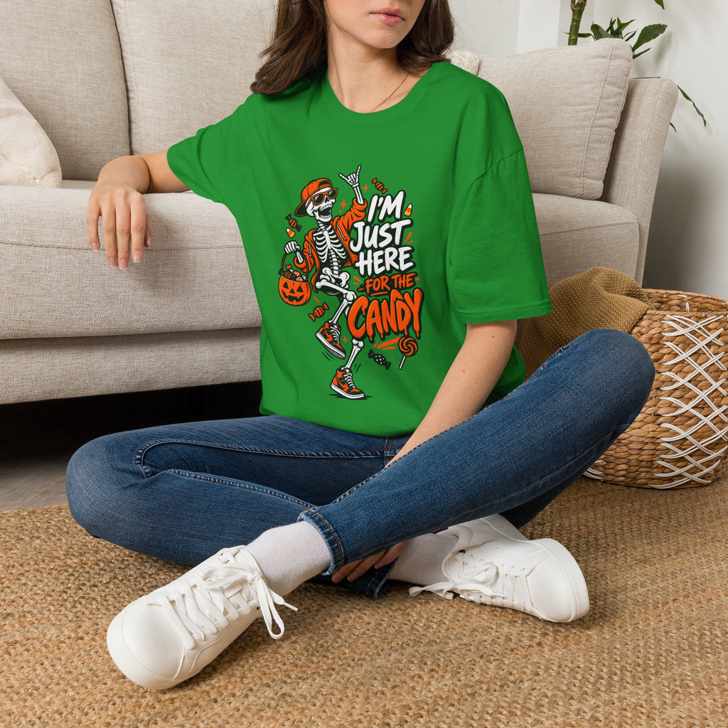 I'm Just Here for the Candy Shirt | Funny Dancing Skeleton Halloween Tee | Dark Humor Graphic T-Shirt