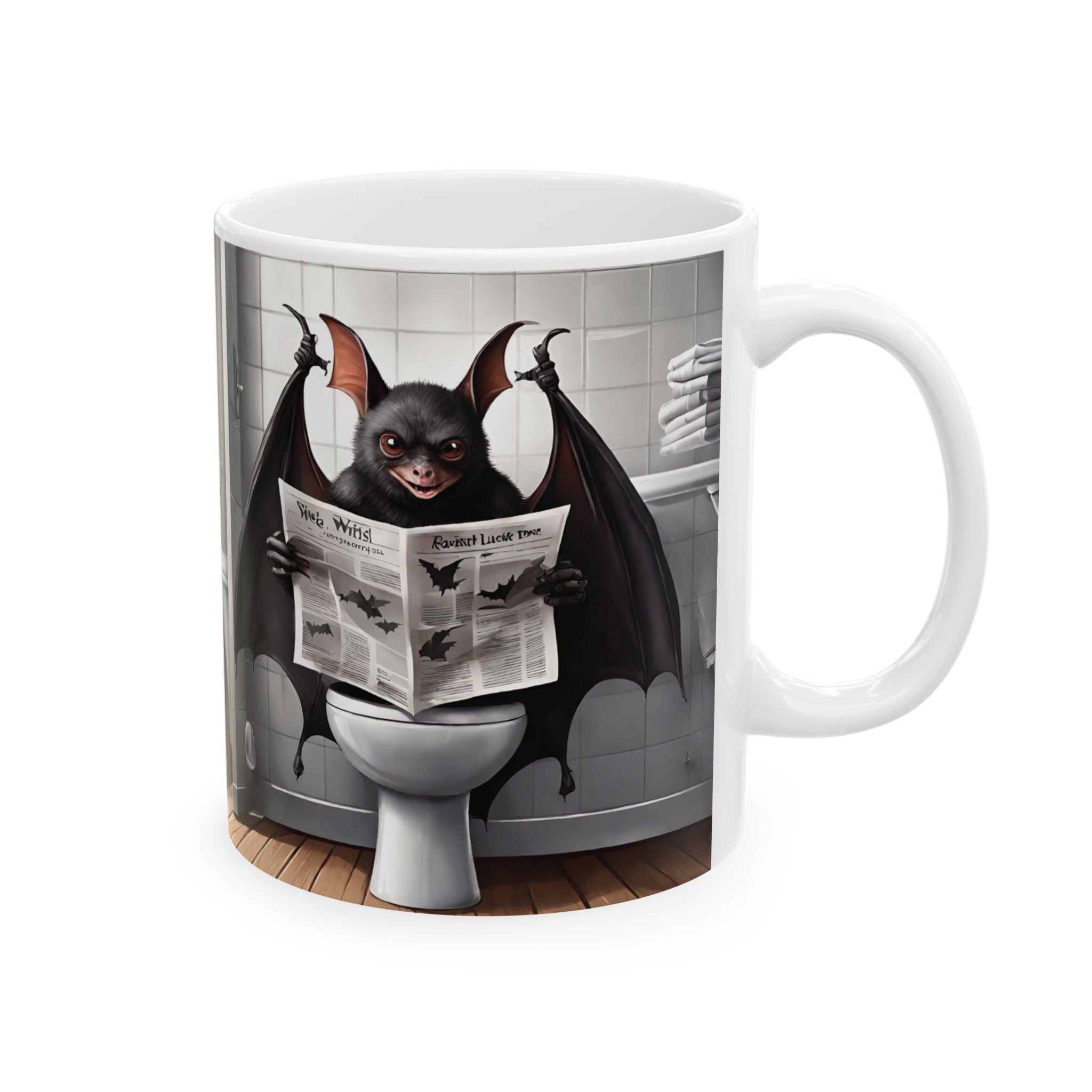 A Bat Sitting on Toilet Reading Newspaper Coffee Mug Best Gift Funny Mug 11oz