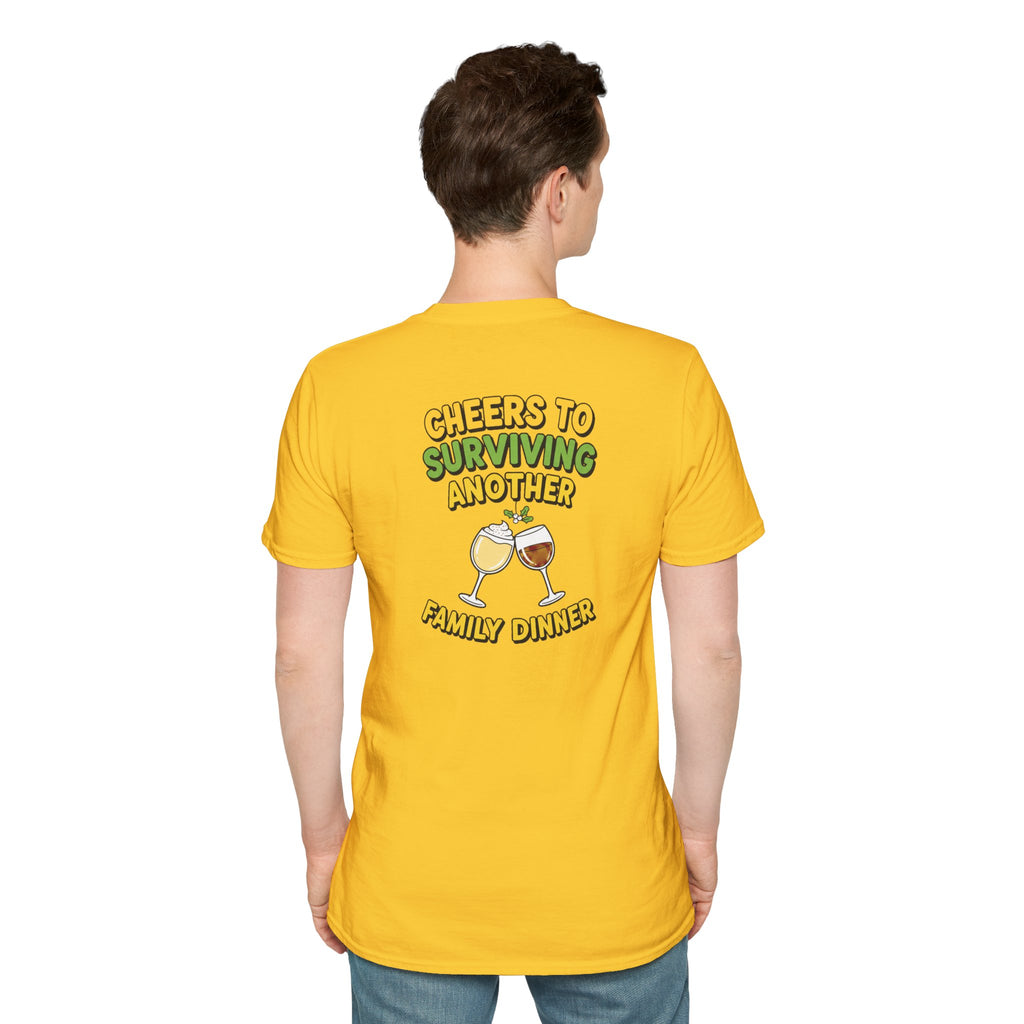 Dark Humor Christmas Shirt Cheers To Surviving Another Family Dinner Funny Sarcastic Unisex Softstyle Tee Adult Christmas Gift