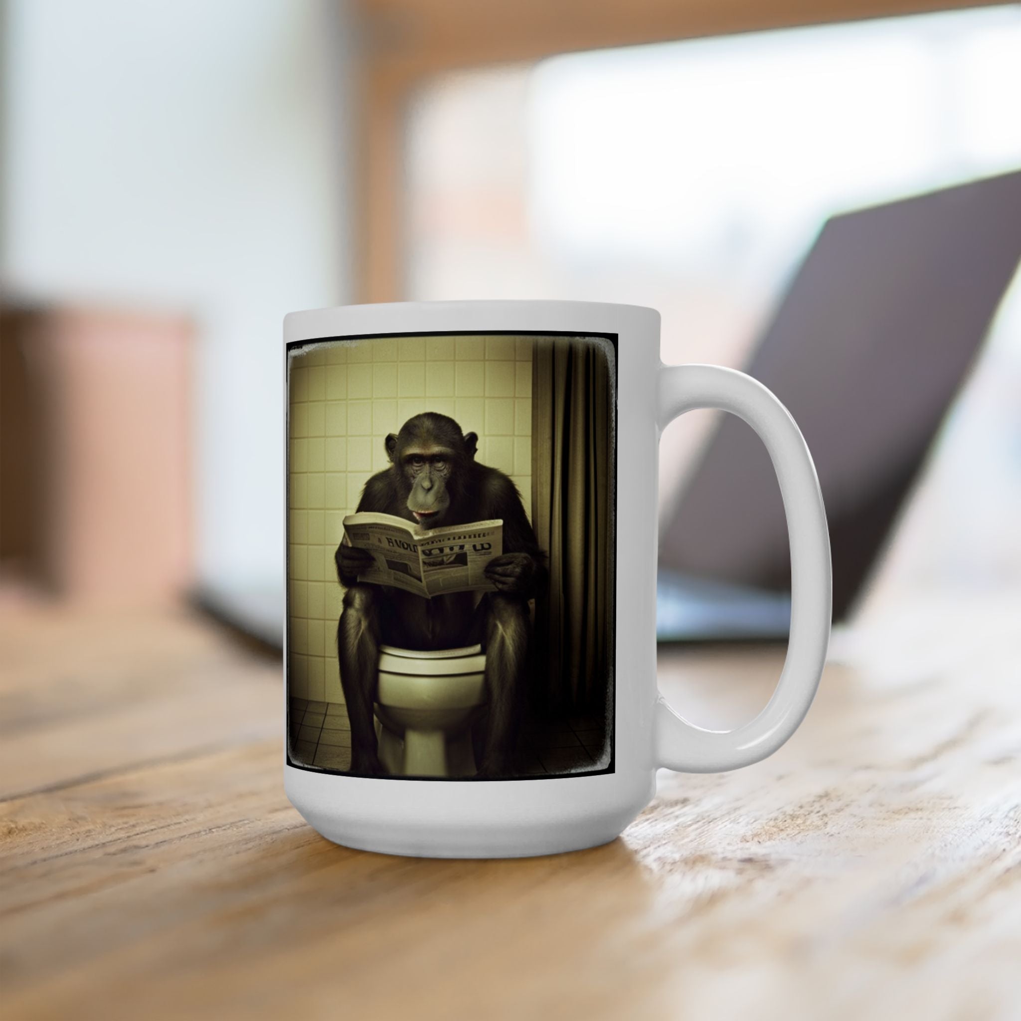 Monkey Sitting on The Toilet Reading Newspaper Funny AI Gift Coffee Tea Mug 15oz