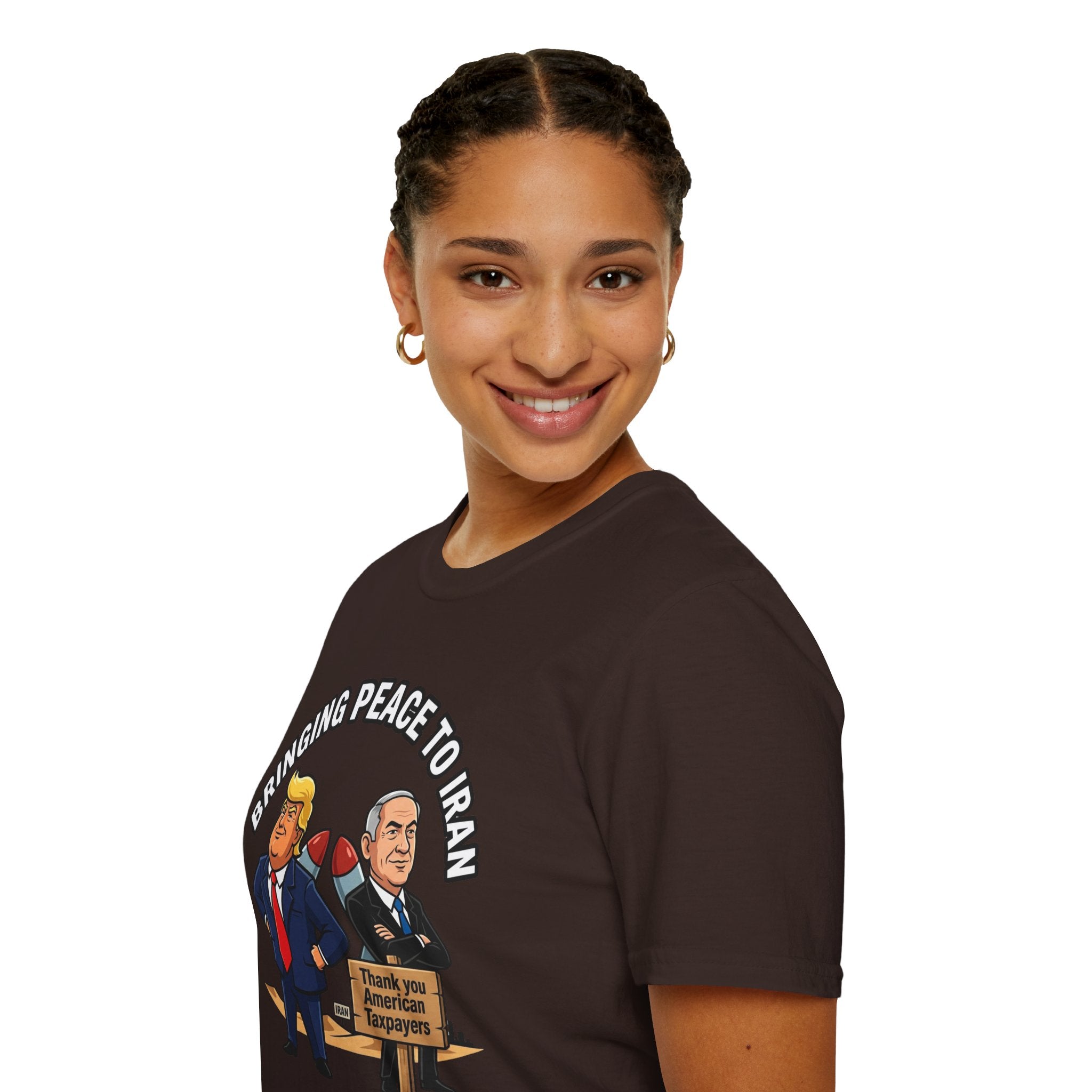 Trump T-Shirt Benjamin Netanyahu Iran War Satiric Mens Unisex Softstyle T-Shirt