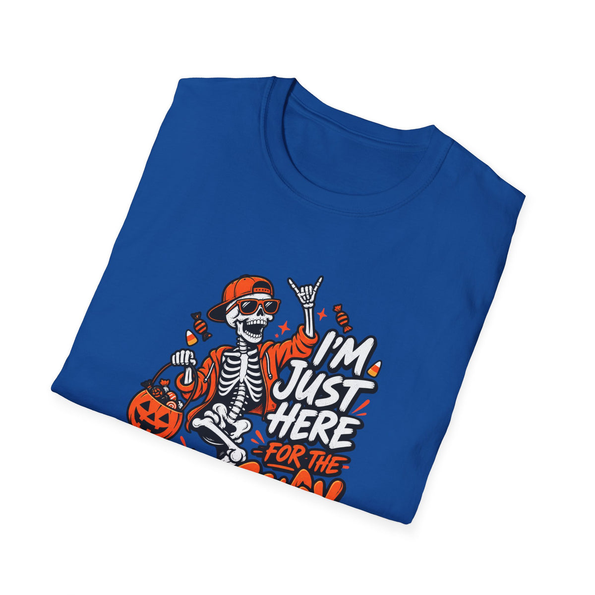 I'm Just Here for the Candy Shirt | Funny Dancing Skeleton Halloween Tee | Dark Humor Graphic T-Shirt