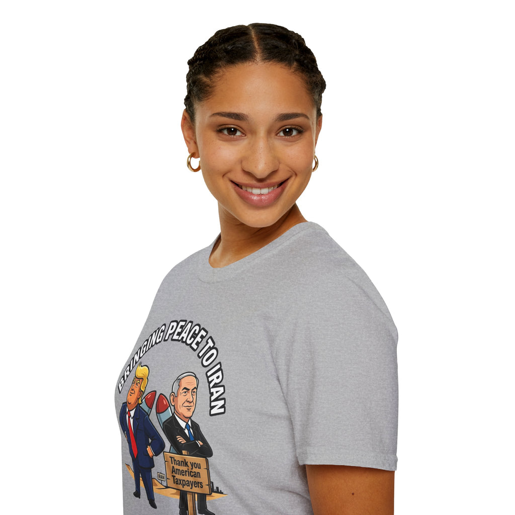 Trump T-Shirt Benjamin Netanyahu Iran War Satiric Mens Unisex Softstyle T-Shirt
