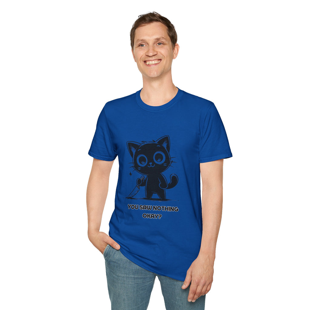 Women's and Men's Funny Cat T-shirt you saw nothing cat with bloody knife Halloween tee Soft Unisex Tshirt Gift for Her