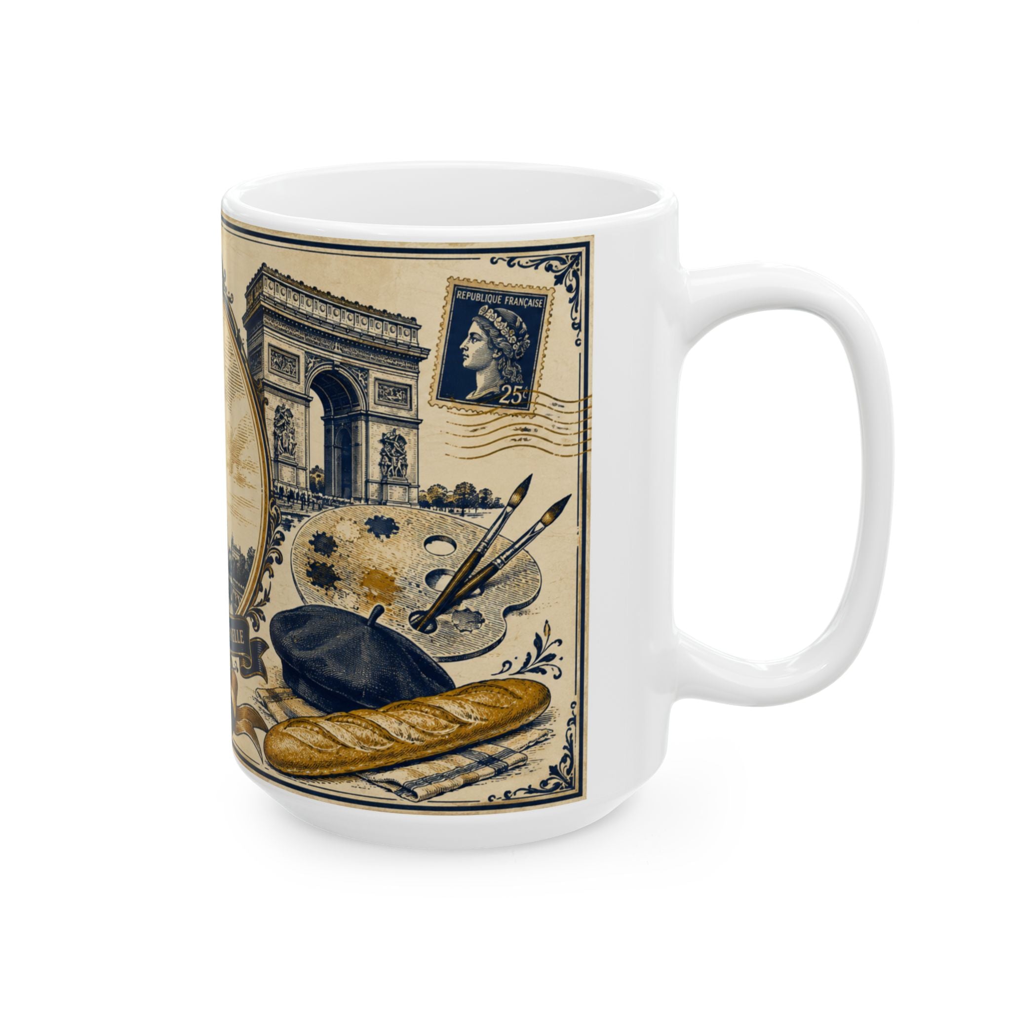 Ceramic Travel Mug Vintage France Emblem Mug Eiffel Tower Fleur de Lis Coffee Cup Gift