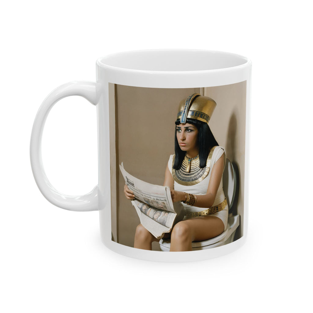 Funny Cleopatra Sitting on Toilet Reading Newspaper Mug Cute Coffee Gift Pharaoh 11oz