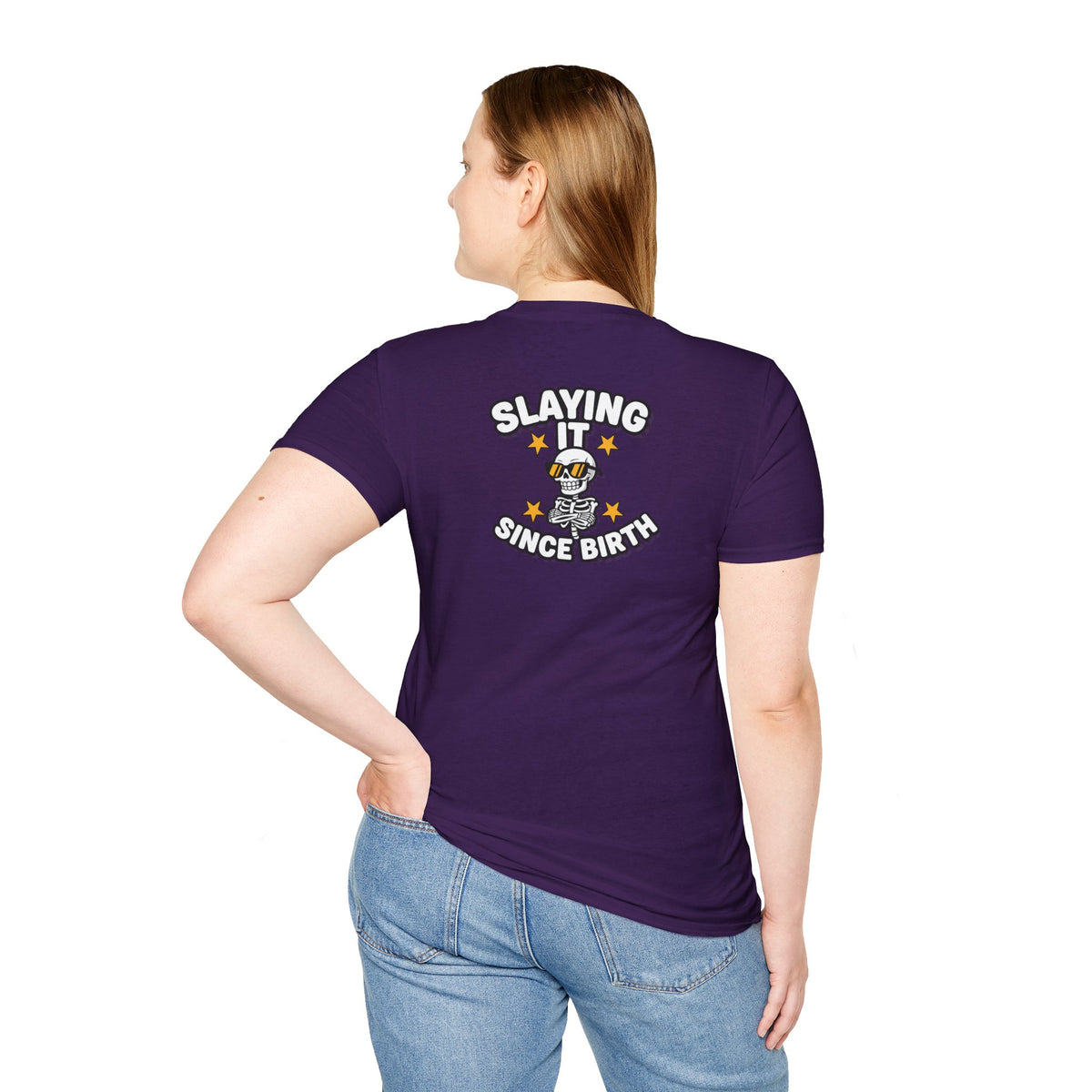 Dark Humor Halloween Shirt Slaying It Since Birth Funny Skeleton Sarcastic Unisex Softstyle Tee Adult Halloween Gift