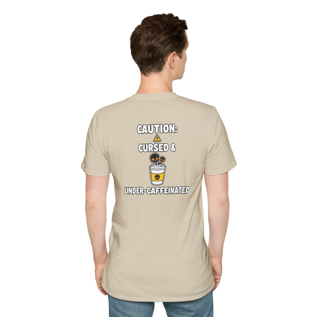 Dark Humor Halloween Shirt Caution Cursed And Under Caffeinated Funny Coffee Sarcastic Unisex Softstyle Tee Adult Halloween Gift