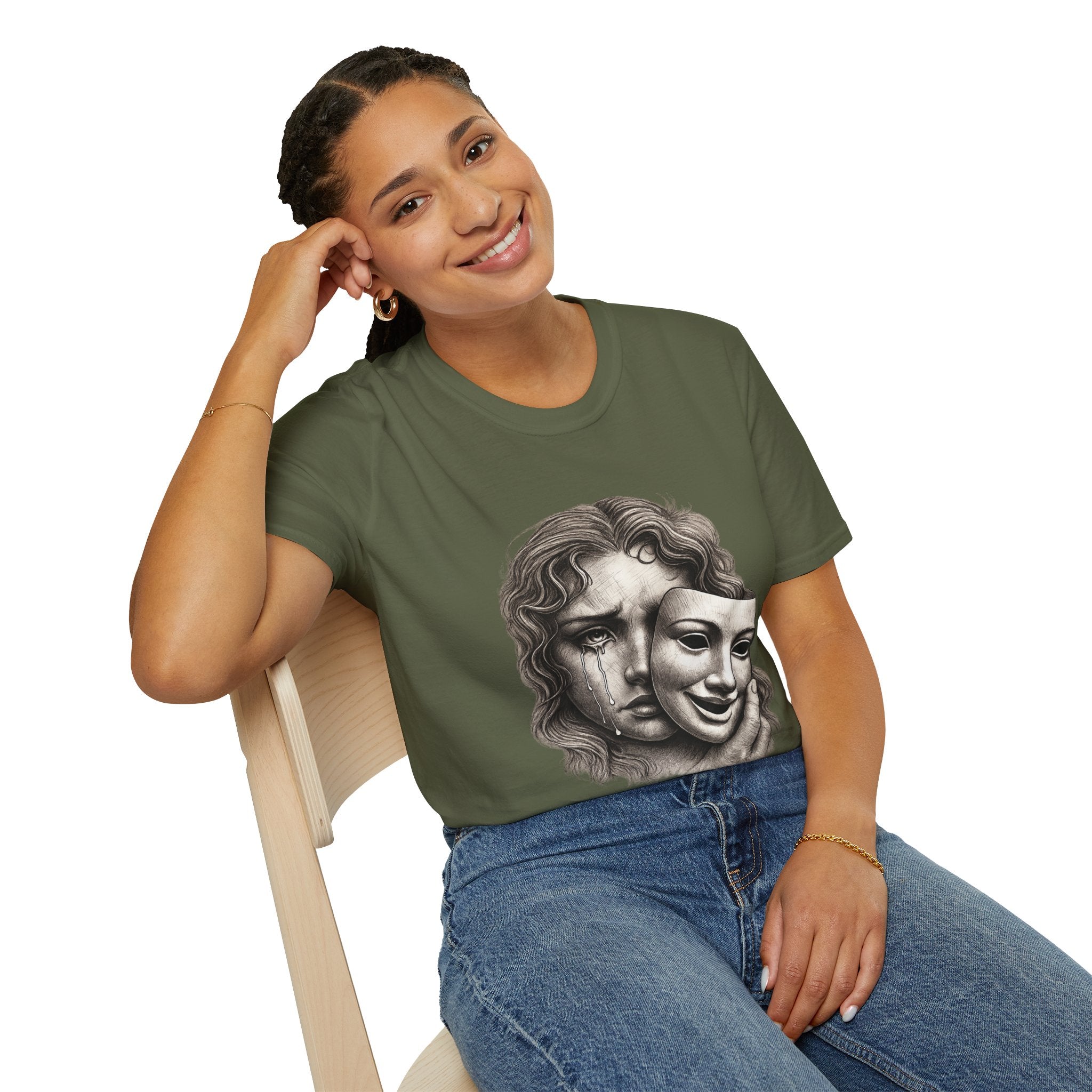 Crying Woman Mask Art T-Shirt | Hidden Emotions Sketch Graphic Tee Unisex Unisex Softstyle T-Shirt