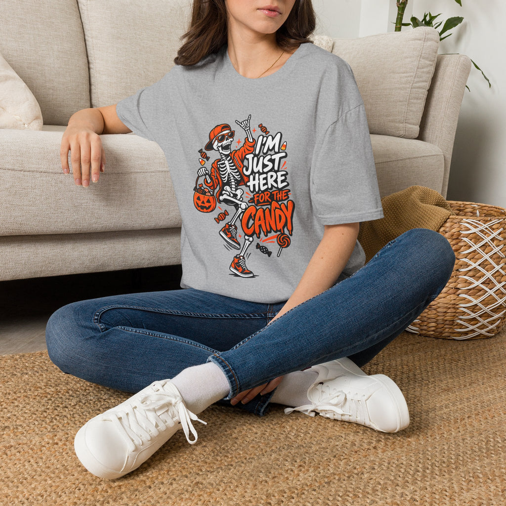 I'm Just Here for the Candy Shirt | Funny Dancing Skeleton Halloween Tee | Dark Humor Graphic T-Shirt
