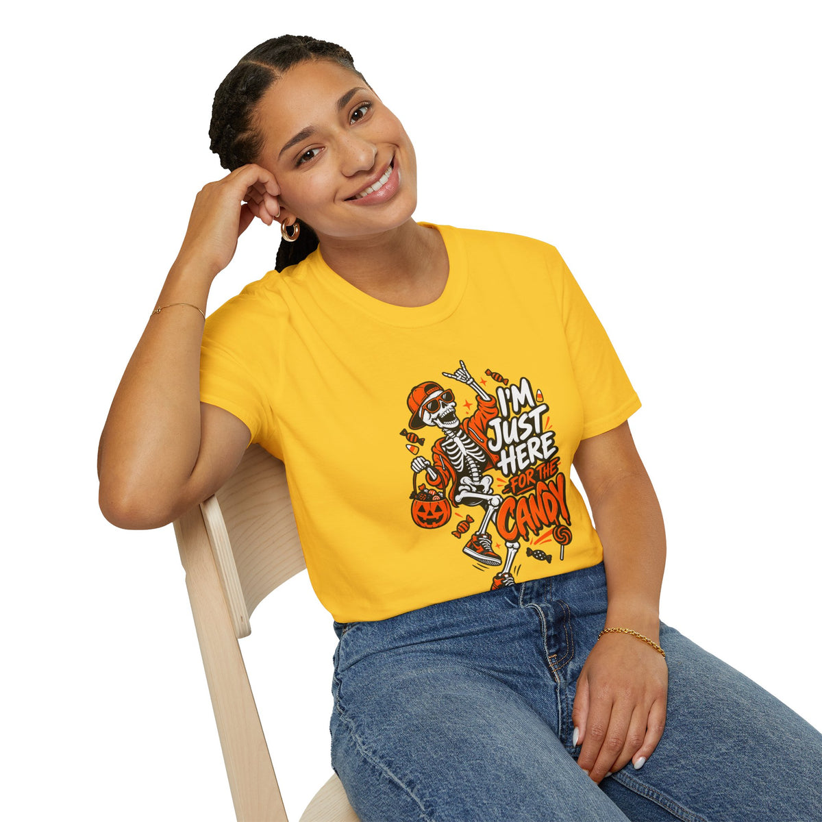 I'm Just Here for the Candy Shirt | Funny Dancing Skeleton Halloween Tee | Dark Humor Graphic T-Shirt