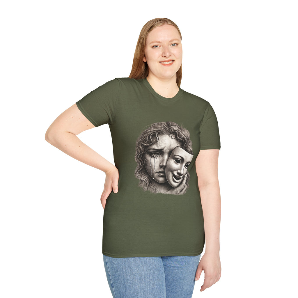 Crying Woman Mask Art T-Shirt | Hidden Emotions Sketch Graphic Tee Unisex Unisex Softstyle T-Shirt