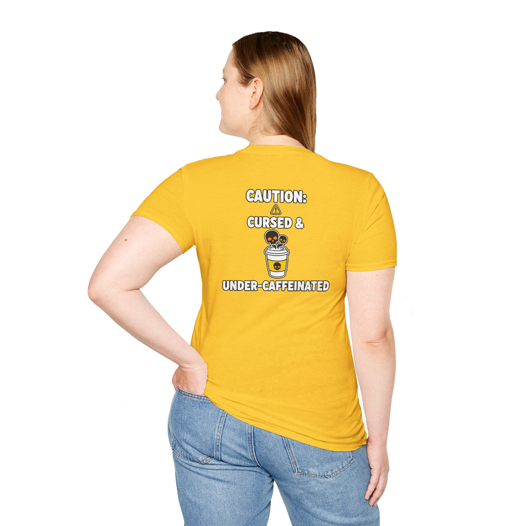 Dark Humor Halloween Shirt Caution Cursed And Under Caffeinated Funny Coffee Sarcastic Unisex Softstyle Tee Adult Halloween Gift