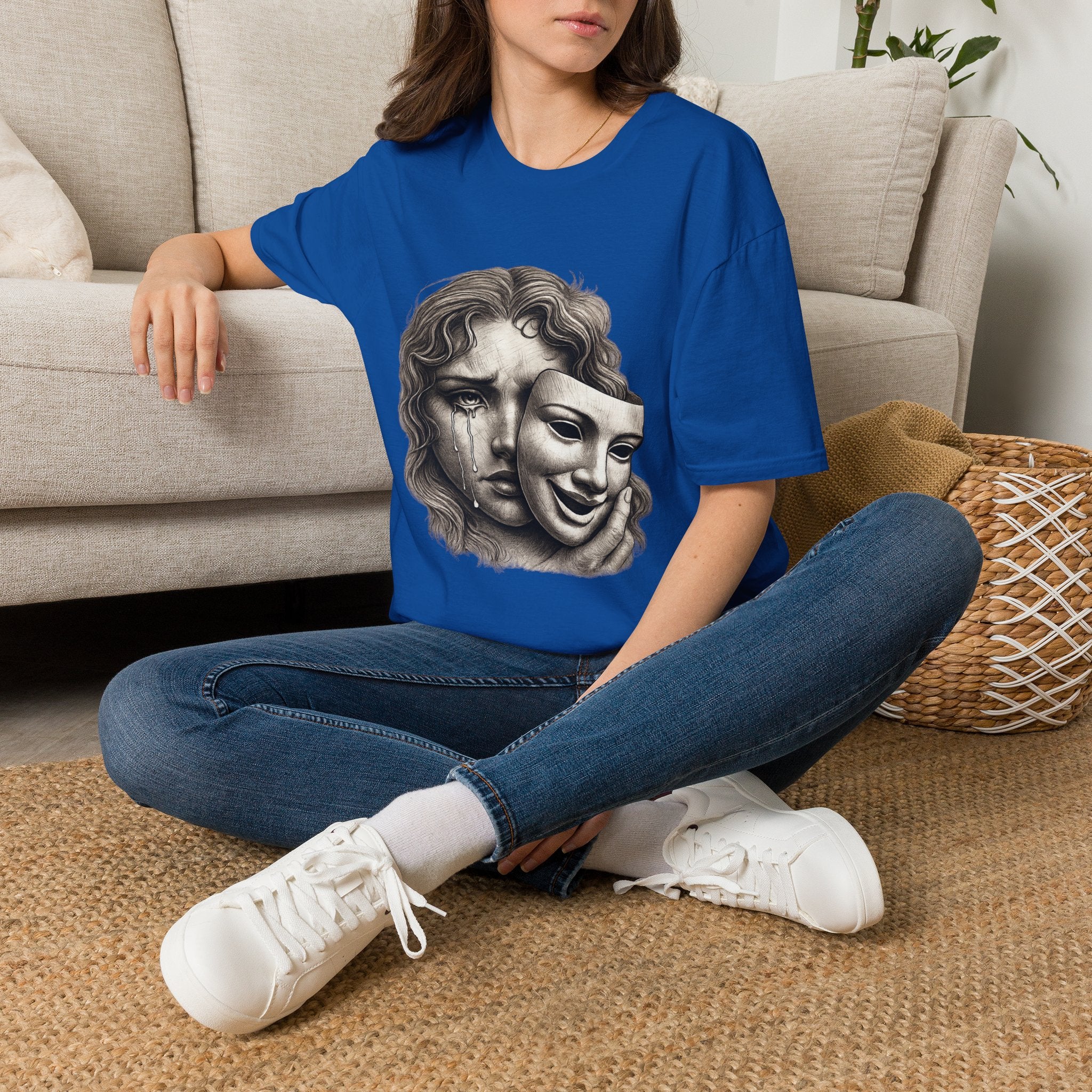 Crying Woman Mask Art T-Shirt | Hidden Emotions Sketch Graphic Tee Unisex Unisex Softstyle T-Shirt