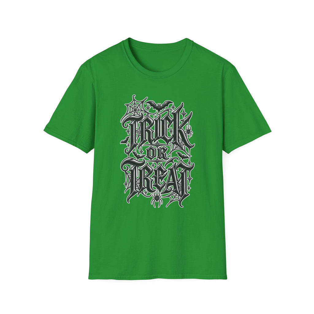 Funny Trick or Treat Gothic Blackletter Shirt | Edgy Spider Web Typography Tee | Minimalist Halloween T-Shirt