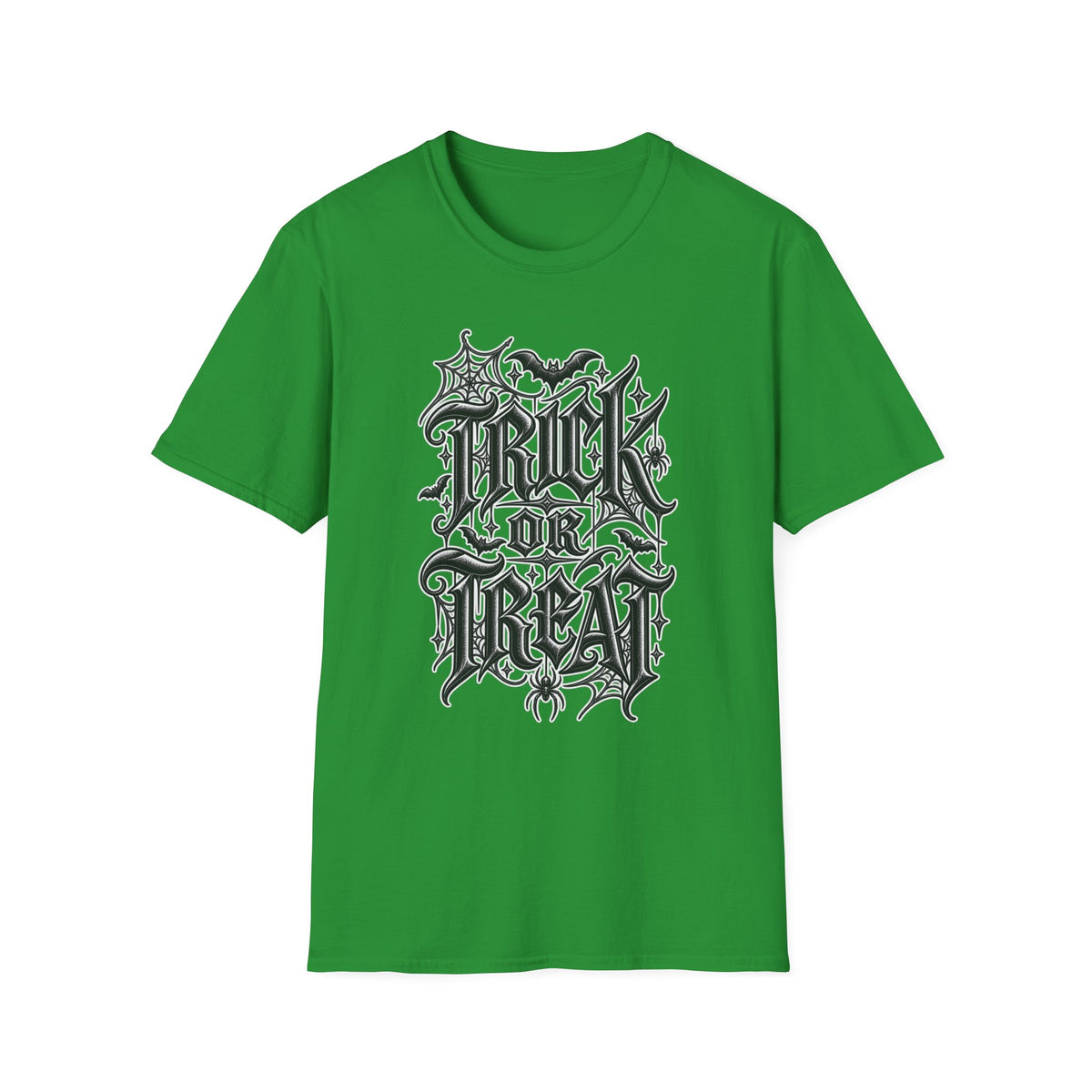 Funny Trick or Treat Gothic Blackletter Shirt | Edgy Spider Web Typography Tee | Minimalist Halloween T-Shirt
