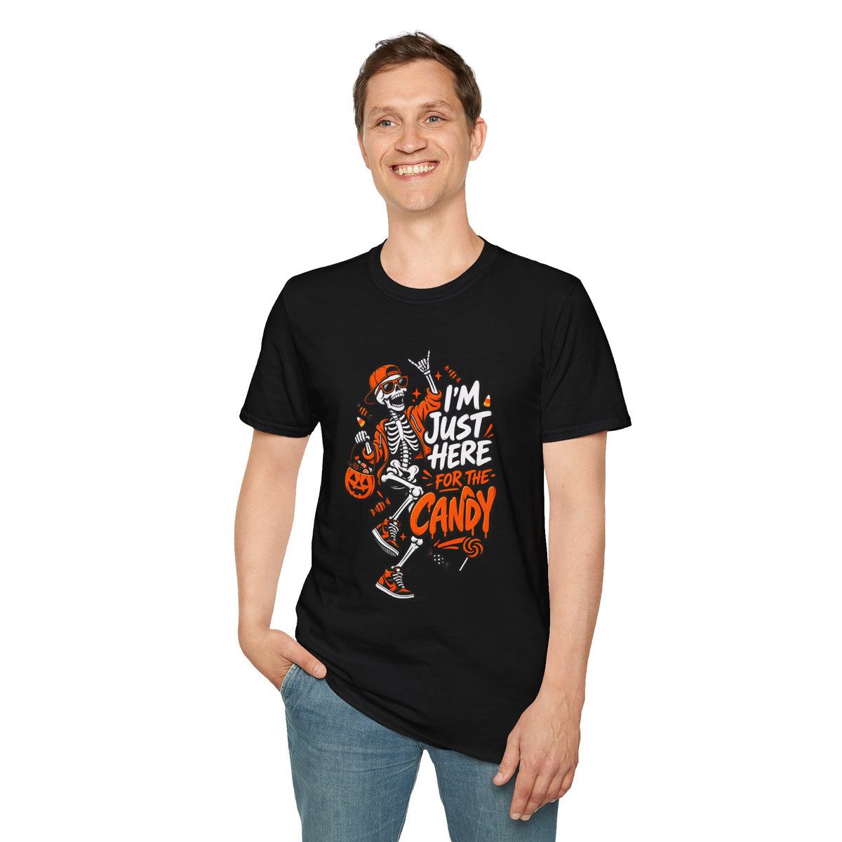 I'm Just Here for the Candy Shirt | Funny Dancing Skeleton Halloween Tee | Dark Humor Graphic T-Shirt