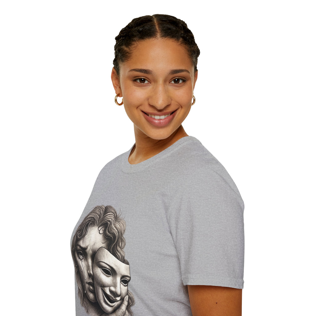 Crying Woman Mask Art T-Shirt | Hidden Emotions Sketch Graphic Tee Unisex Unisex Softstyle T-Shirt