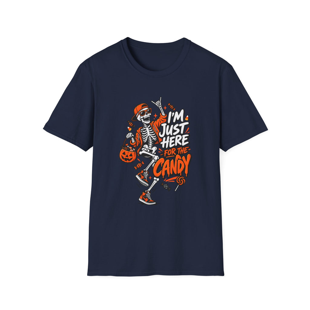 I'm Just Here for the Candy Shirt | Funny Dancing Skeleton Halloween Tee | Dark Humor Graphic T-Shirt