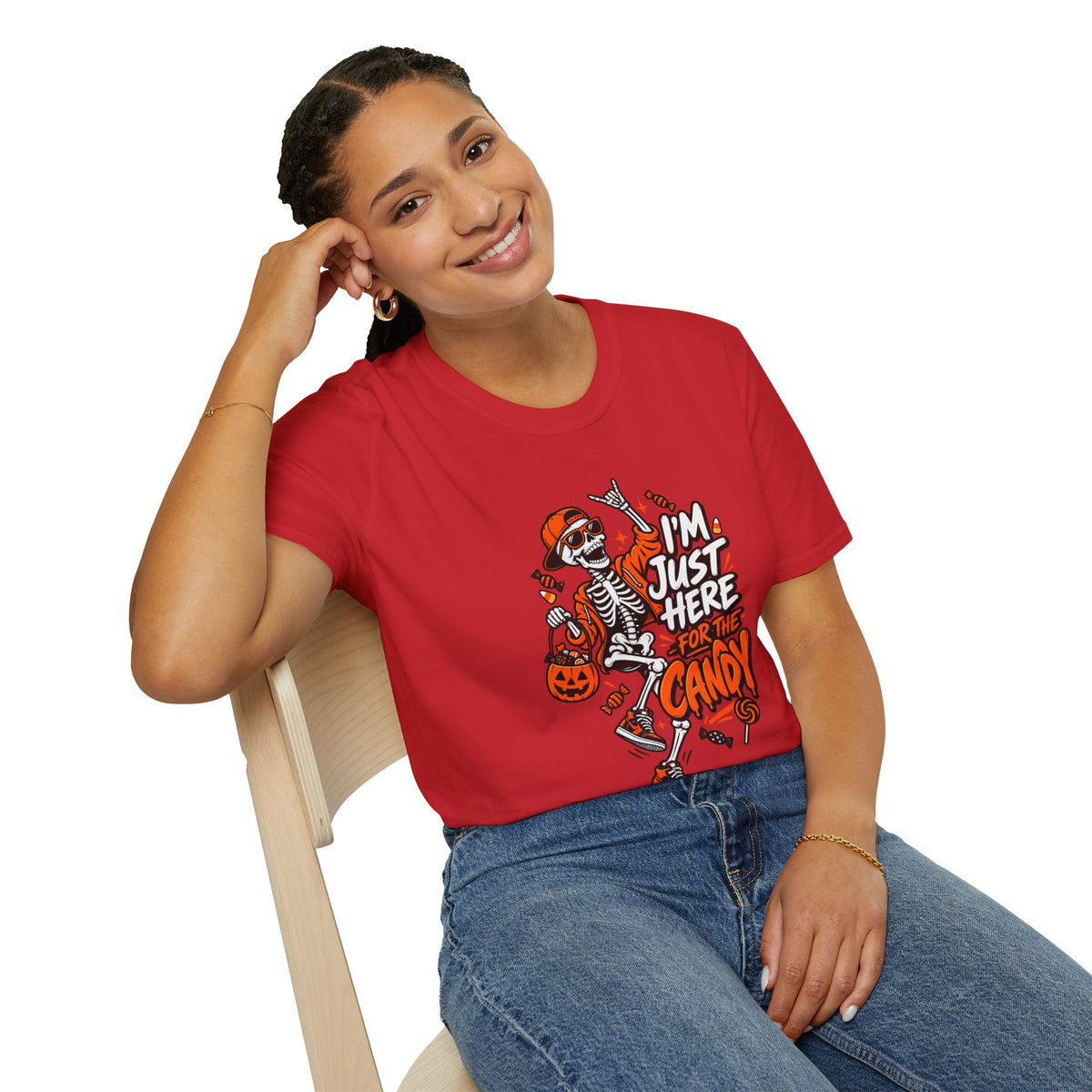 I'm Just Here for the Candy Shirt | Funny Dancing Skeleton Halloween Tee | Dark Humor Graphic T-Shirt