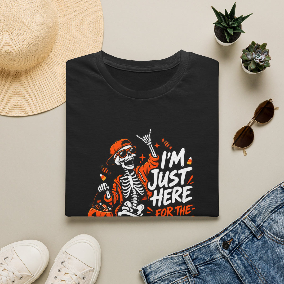 I'm Just Here for the Candy Shirt | Funny Dancing Skeleton Halloween Tee | Dark Humor Graphic T-Shirt