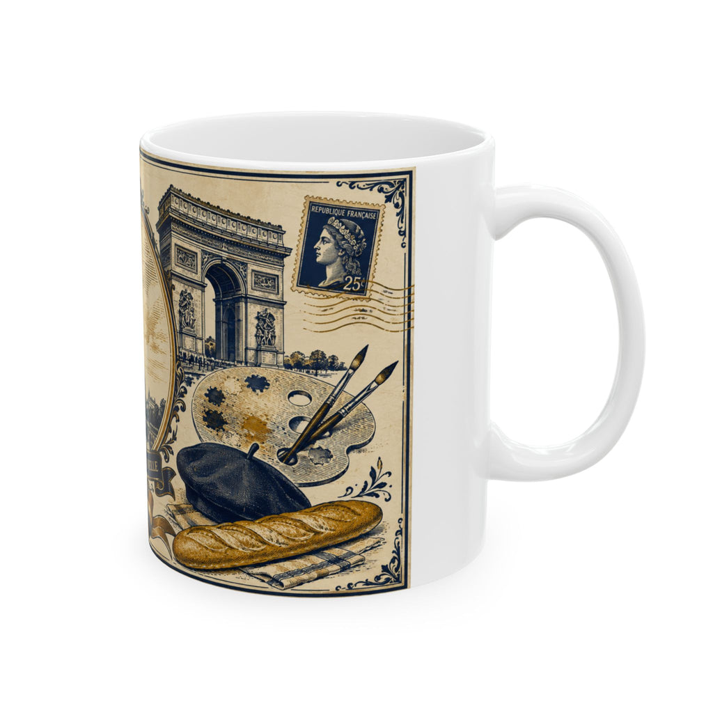 Ceramic Travel Mug Vintage France Emblem Mug Eiffel Tower Fleur de Lis Coffee Cup Gift
