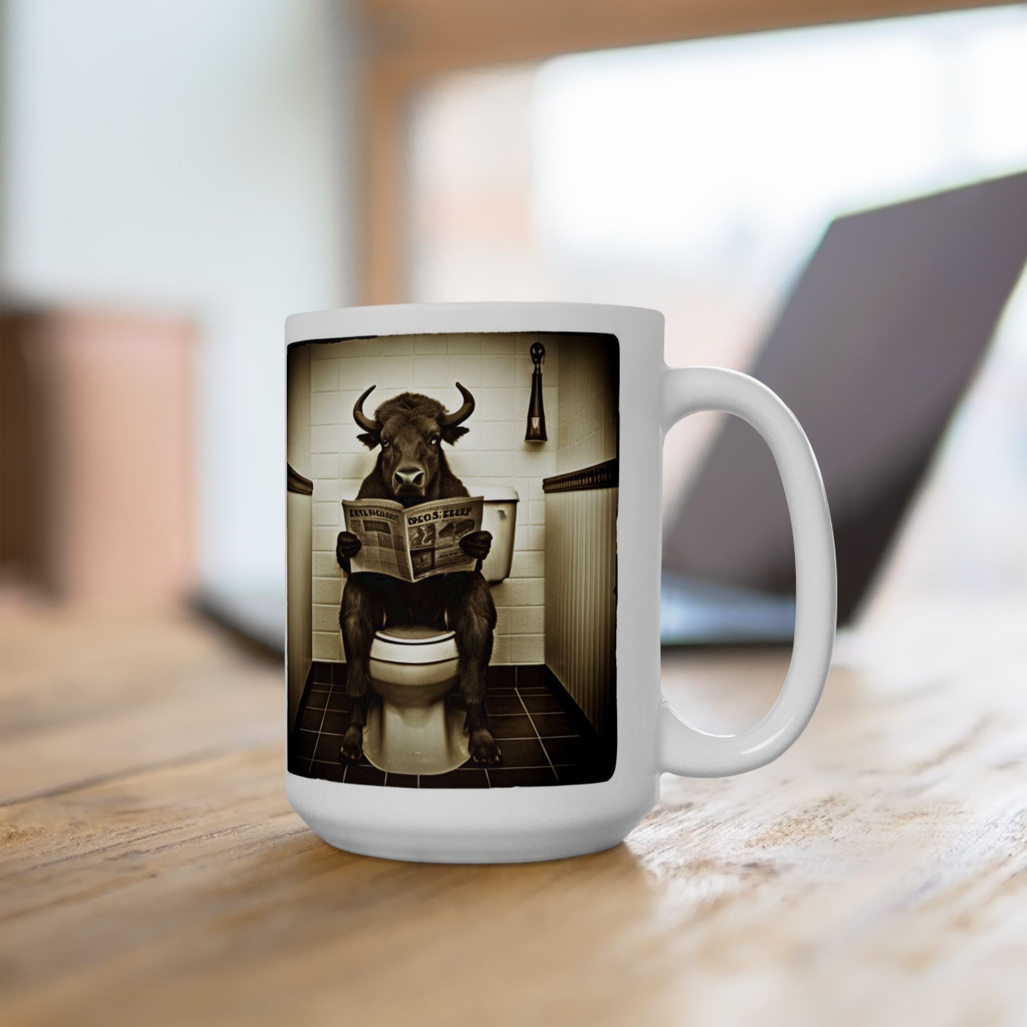 Funny Buffalo Sitting on Toilet Reading Newspaper Gift Animal Coffee Mug 15oz