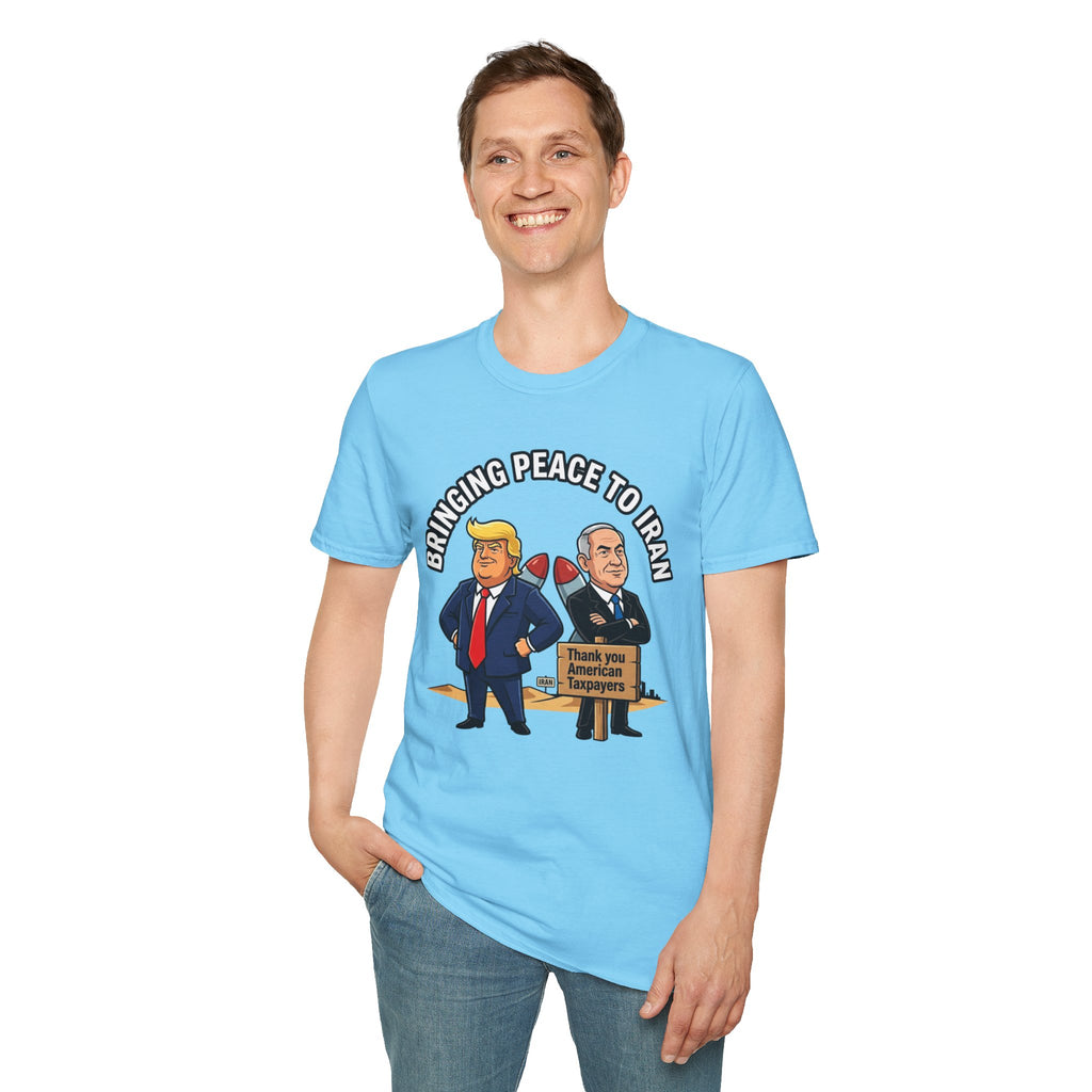 Trump T-Shirt Benjamin Netanyahu Iran War Satiric Mens Unisex Softstyle T-Shirt