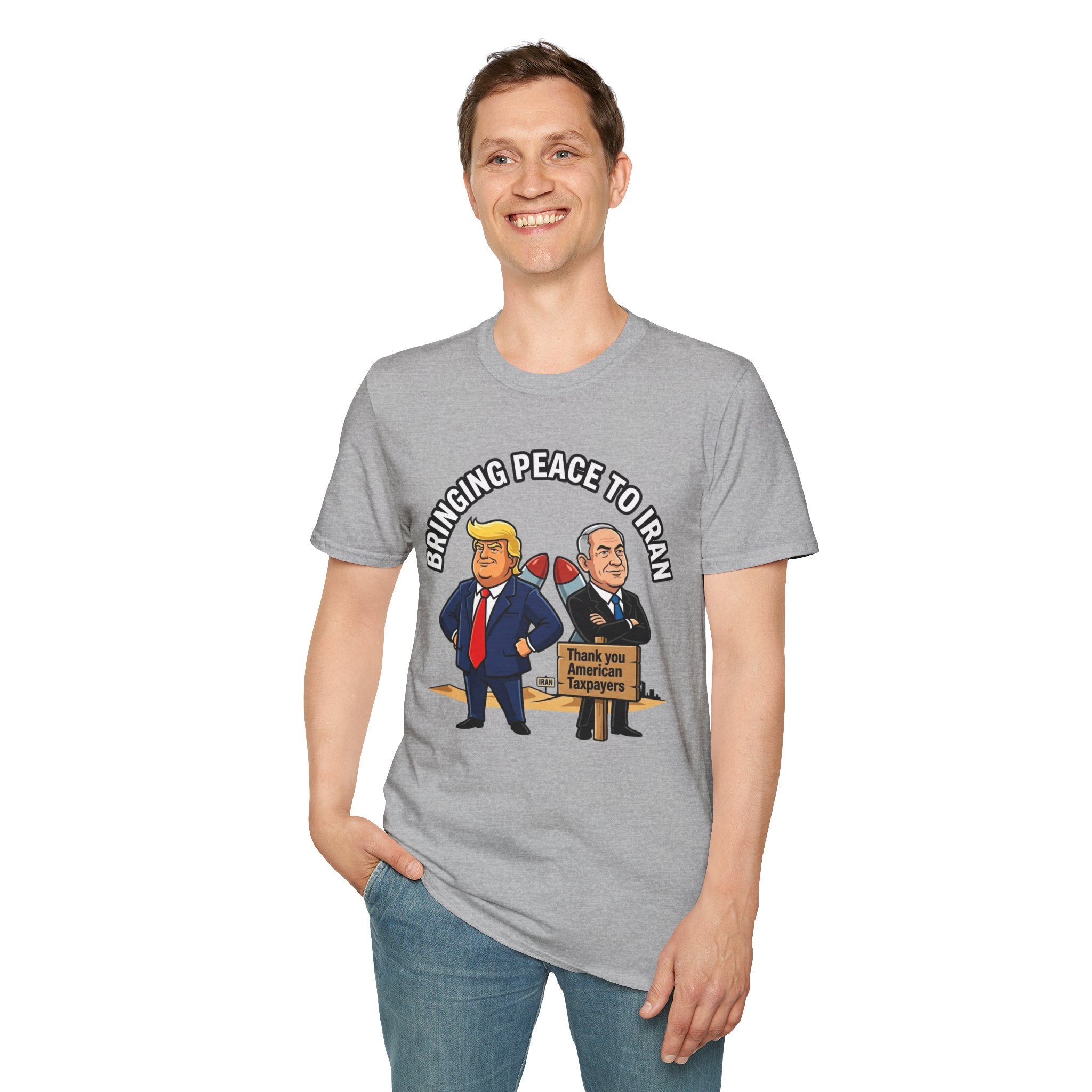 Trump T-Shirt Benjamin Netanyahu Iran War Satiric Mens Unisex Softstyle T-Shirt