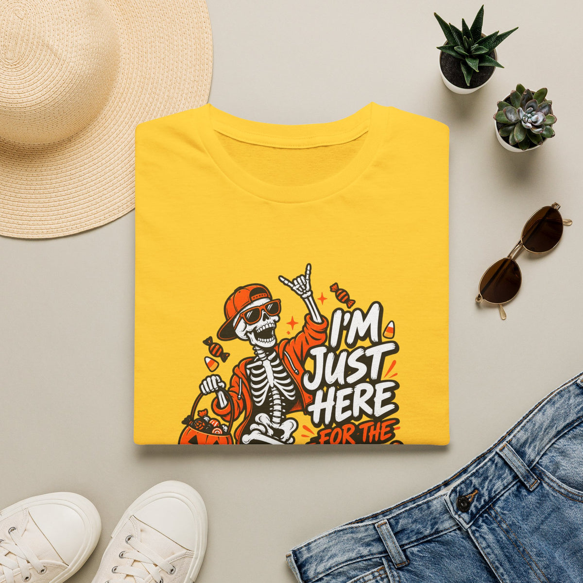 I'm Just Here for the Candy Shirt | Funny Dancing Skeleton Halloween Tee | Dark Humor Graphic T-Shirt