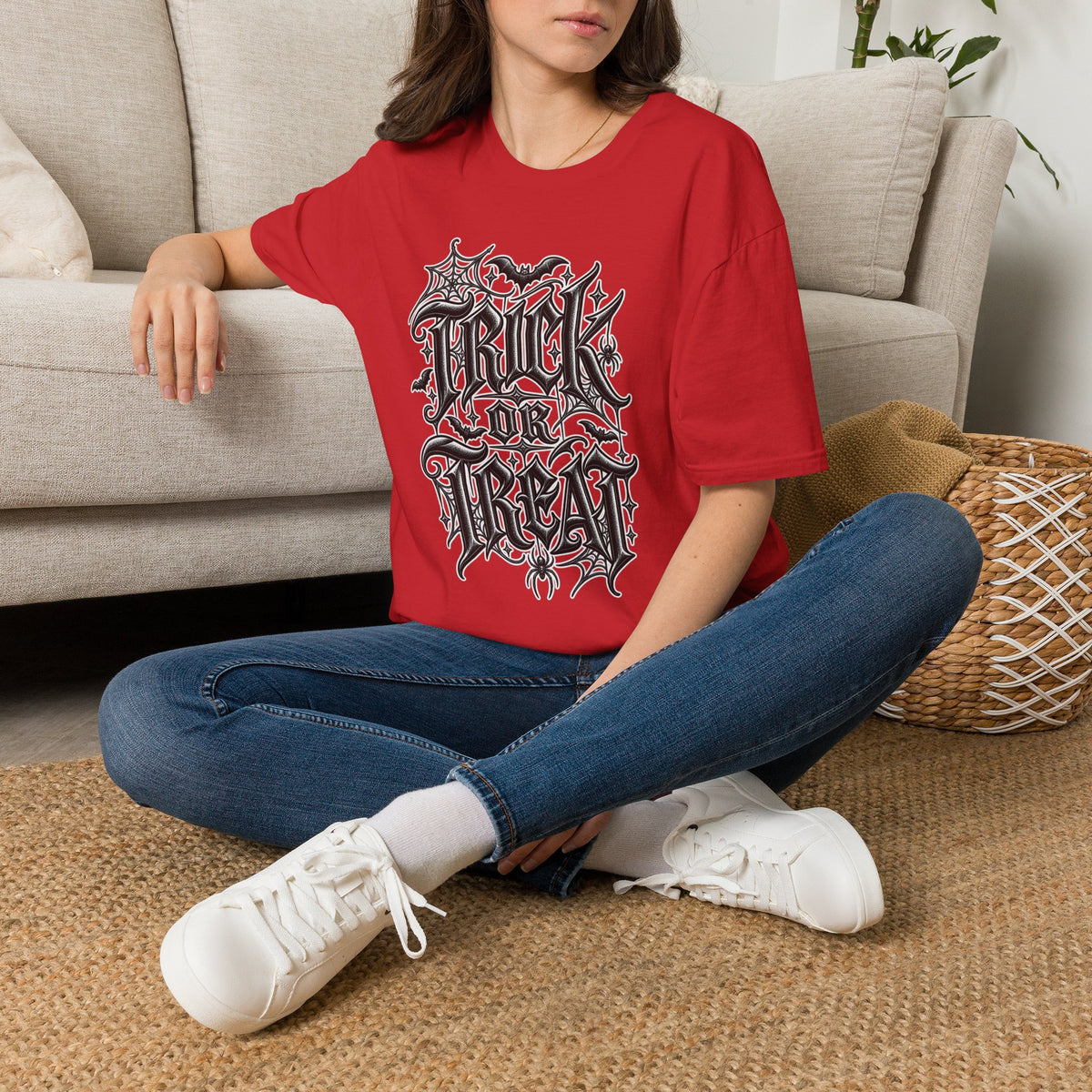 Funny Trick or Treat Gothic Blackletter Shirt | Edgy Spider Web Typography Tee | Minimalist Halloween T-Shirt