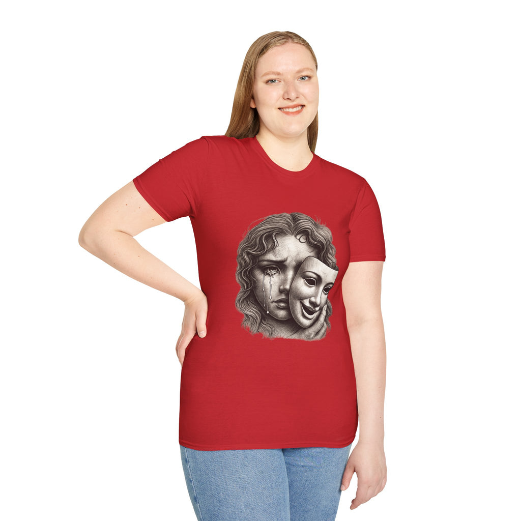 Crying Woman Mask Art T-Shirt | Hidden Emotions Sketch Graphic Tee Unisex Unisex Softstyle T-Shirt